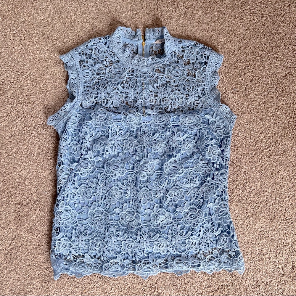 Nanette Lepore sleeveless baby blue lace zip up top Medium exposed zipper